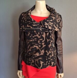 DIANE VON FURSTENBERG Leopard Wool Leather Sleeve Moto Jacket